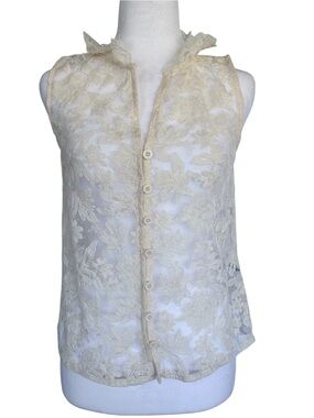 Sheer Sleeveless Lace Button-Front Vest Cream Layering Top Sz Small